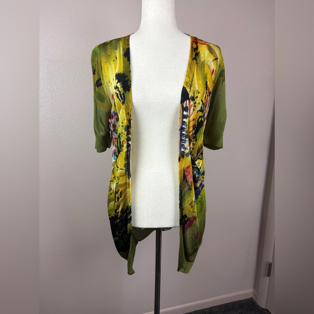 Bright, fun, long, open cardigan with pockets size Large